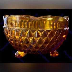 Vintage Amber Indiana Glass 3 Footed Candy Bowl Diamond Point Pattern 5" x 3"